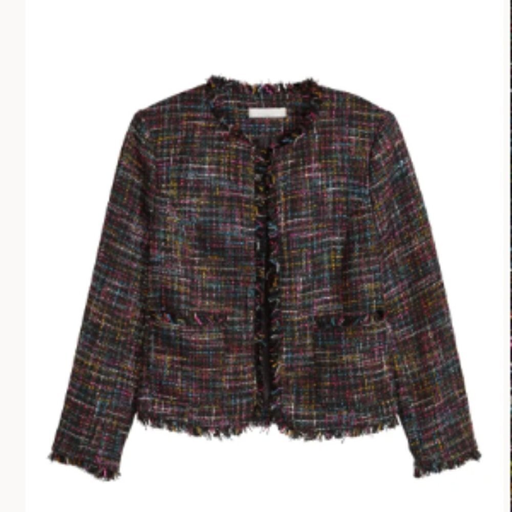 H& M Tweed Woven Textured Raw, Frayed Edge Short Jacket Size 6 NWT - Picture 5 of 14